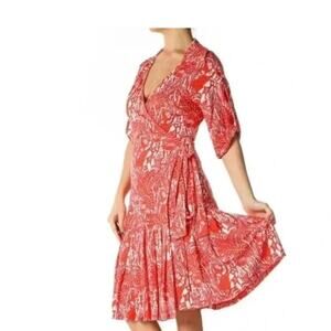Diane von Furstenberg Orange + White Greek Print Silk Wrap Dress Size 10